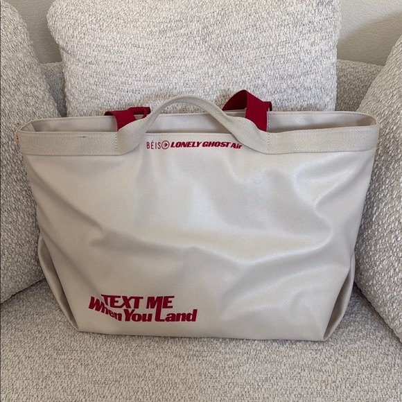 BEIS Handbags - BEIS Cream Tote with Red Text